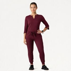 Jaanuu 3/4 Sleeve Crew Scrub Top Kait 10 Pocket Jogger UltraSoft Burgundy XL/LT